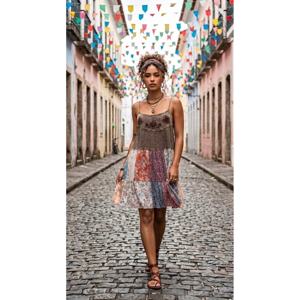 Young Threads Gravel Patchwork Strappy Floral Embroidered Mini Dress NWT Women L